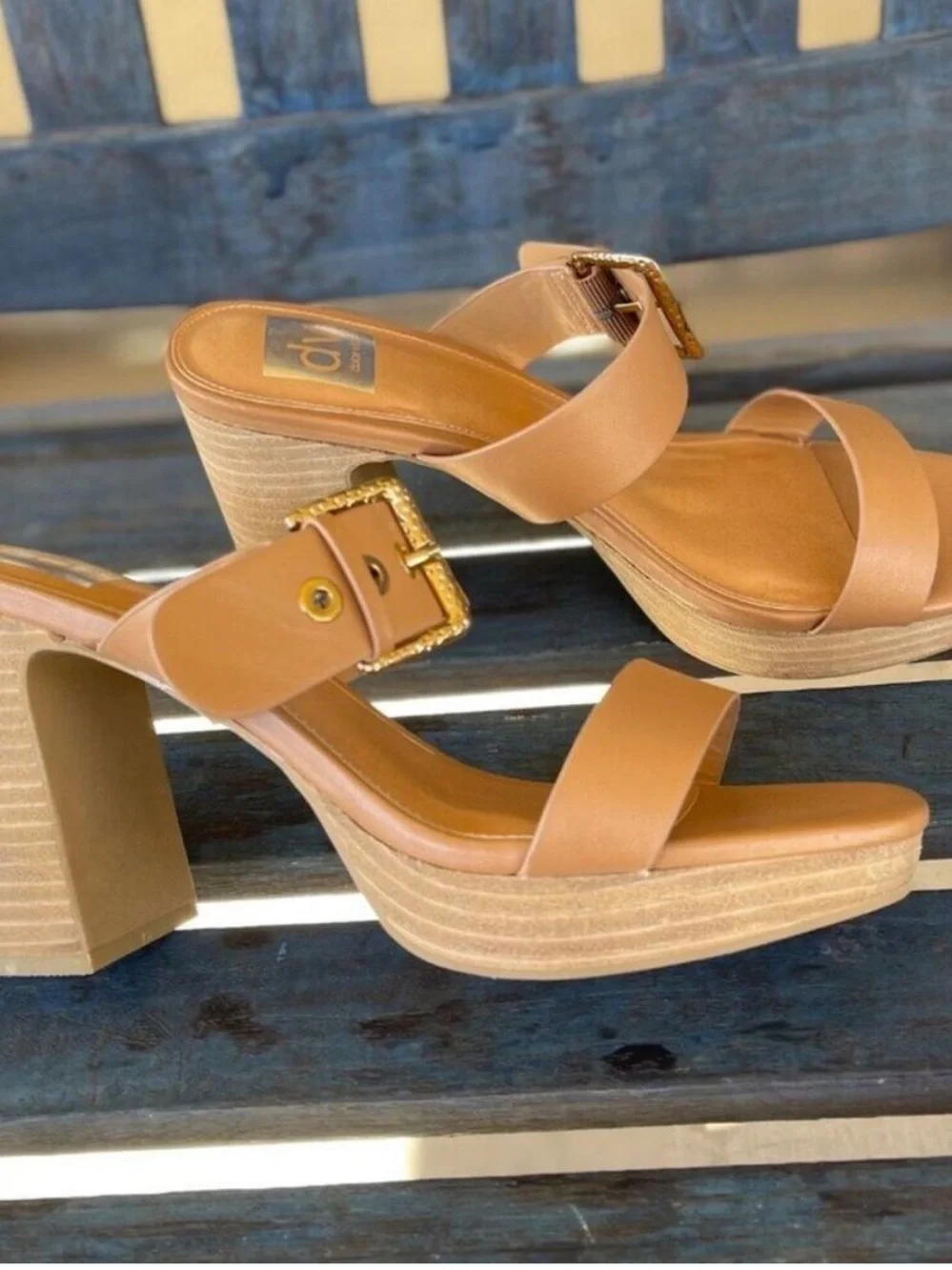 DOLCE VITA Platform Sandal 10 US Beige PU Leather Block Heel Slip-On Brown Shoes